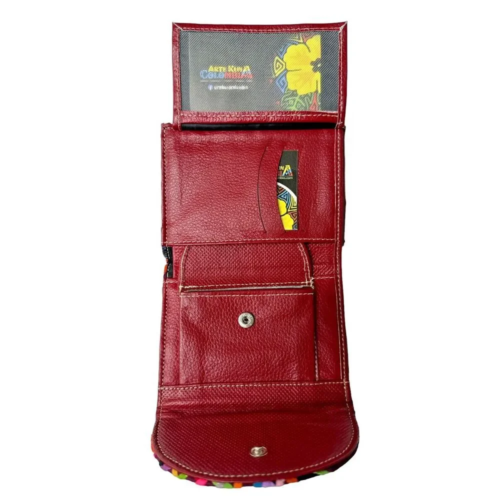 Unique‎ Artisan Handmade Mola Wallet Small Round 100% Leather Arte Kuna Colombia